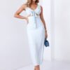 Summer dress with a tied neckline in light blue