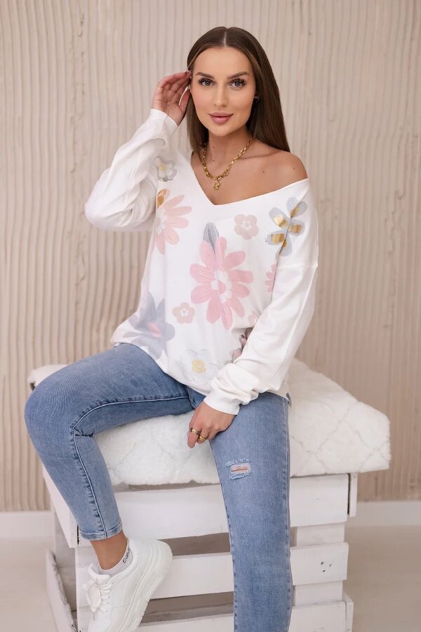 Sweater blouse with colorful flowers pink+gray