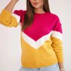 Sweater with geometric fuchsia + mustard patterns