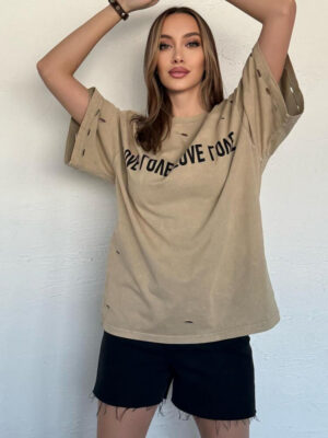 T-shirt damski z nadrukiem BONGANIR beżowy Dstreet