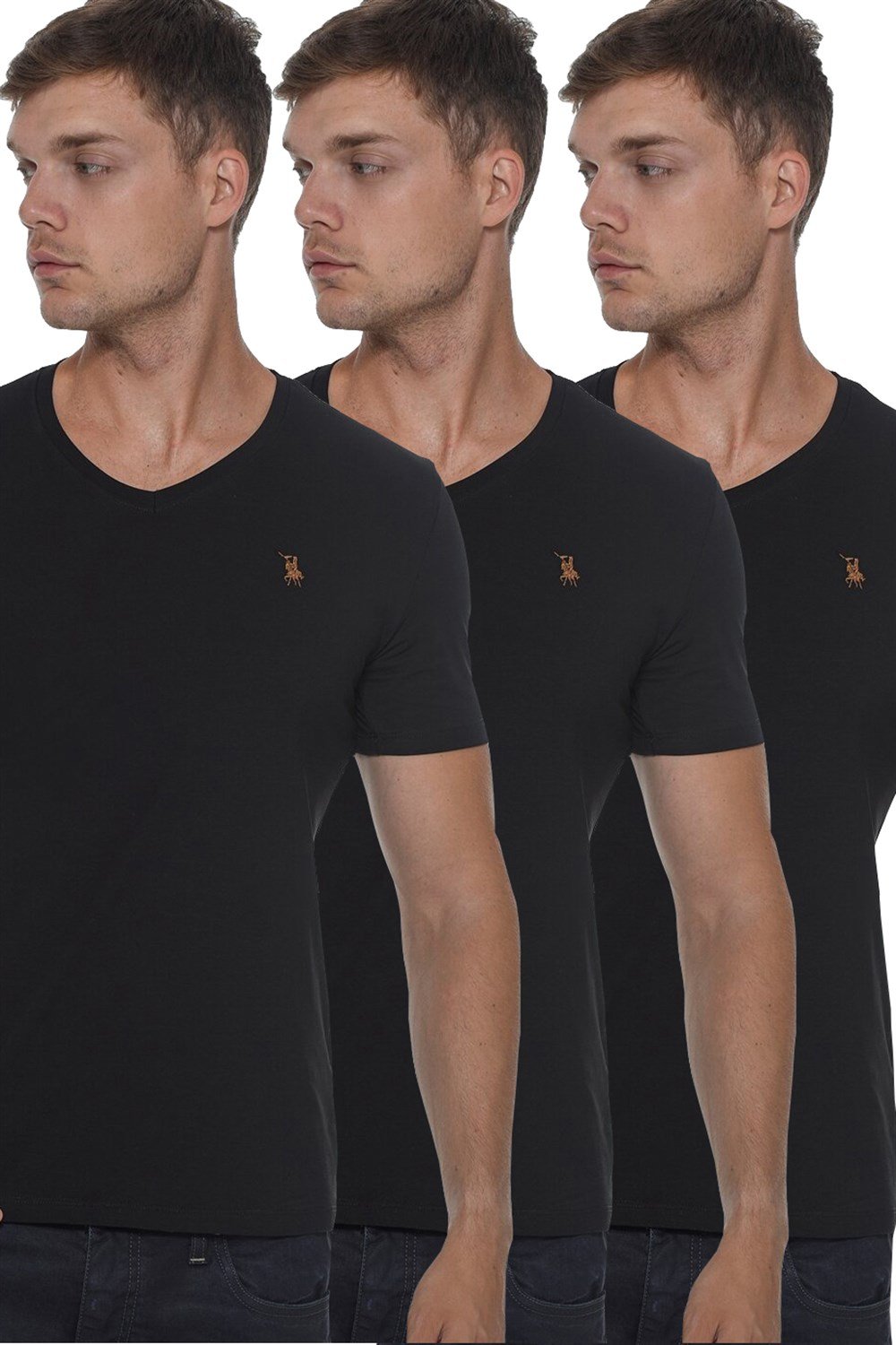 TRIPLE SET T8568 DEWBERRY V-NECK MEN'S T-SHIRT-BLACK-BLACK-BLACK