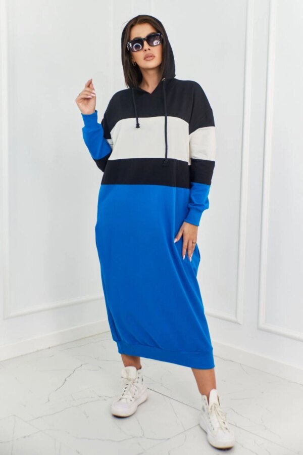 Three-color hooded dress black + ecru + cornflower