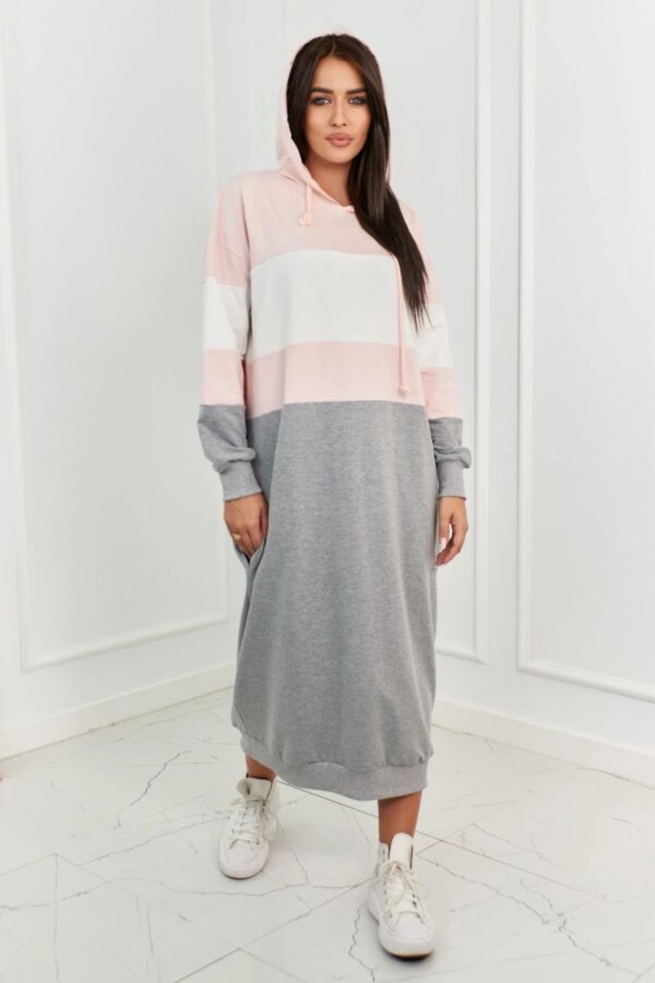 Three-color hooded dress powder pink + ecru + gray