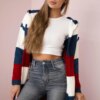 Three-color striped sweater ecru+jeans+red