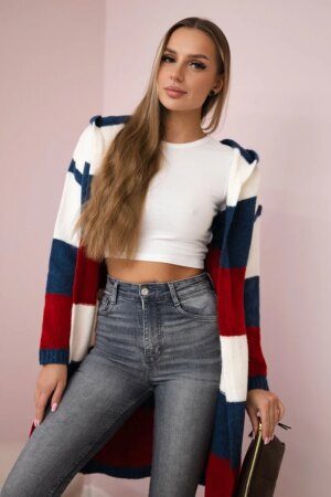 Three-color striped sweater ecru+jeans+red