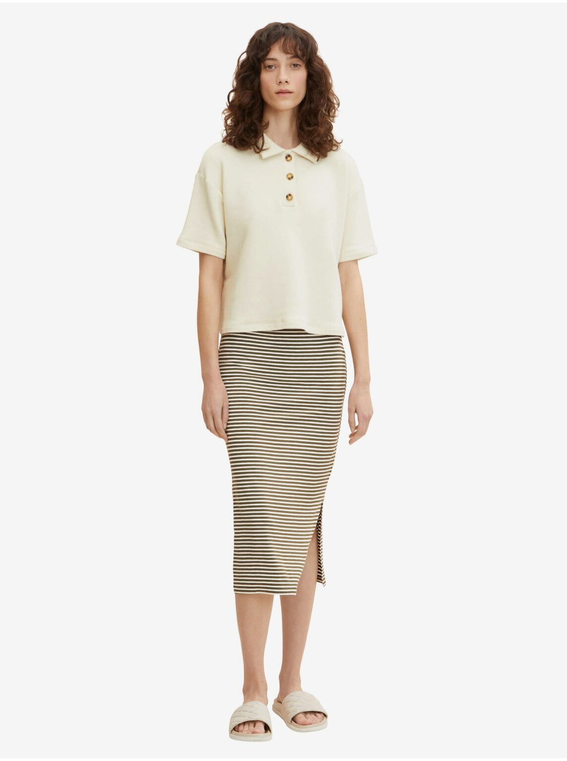 Tom Tailor White-khaki women's striped pencil midi skirt with slit Tom T - Women's