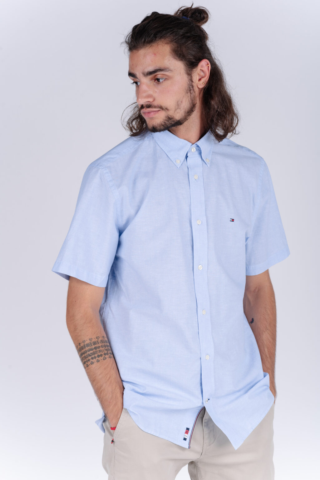 Tommy Hilfiger Shirt - FLEX CO/LI PINSTRIPE SHIRT S/S pale blue