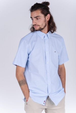 Tommy Hilfiger Shirt - FLEX CO/LI PINSTRIPE SHIRT S/S pale blue