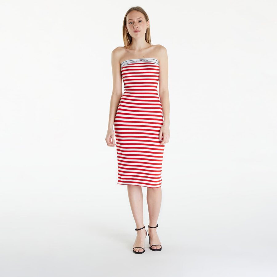 Tommy Jeans Logo Tape Stripe Knee Lenght Tube Dress Red L-alacsony-ár