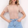 Trend Alaçatı Stili Women's Beige Crew Neck Front Stitched Crop Sandy Blouse