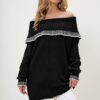Trend Alaçatı Stili Women's Black Madonna Collar Stripe Detail Oversize Winter Knitted Sweater