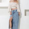 Trend Alaçatı Stili Women's Blue Double Pocket Snow Washed Buttoned Front Midi Length Jean Skirt