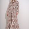 Trend Alaçatı Stili Women's Brown Crew Neck Waist Belted Skirt Flounced Patterned Dress