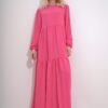Trend Alaçatı Stili Women's Fuchsia Boat Neck Balloon Sleeve Layered Flounced Waist Belted Woven Viscose Dress