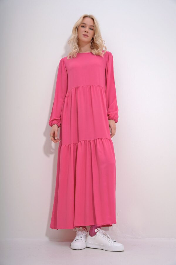 Trend Alaçatı Stili Women's Fuchsia Boat Neck Balloon Sleeve Layered Flounced Waist Belted Woven Viscose Dress