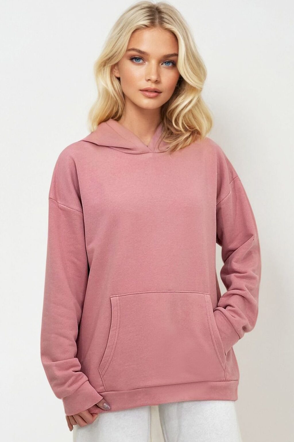 Trend Alaçatı Stili Women's Pink Hooded Kangaroo Pocket 3 Thread Thick Sweatshirt