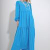 Trend Alaçatı Stili Women's Turquoise Boat Neck Balloon Sleeve Flounced Belted Viscose Dress