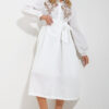 Trend Alaçatı Stili Women's White Judge Collar Front Embroidered Balloon Sleeve Belt Lined Woven Dress