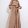 Trend Alaçatı Stili Women's Stone High Collar Back Zipper Princess Sleeve Waist Belted Jumpsuit