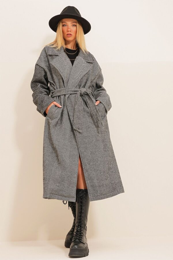 Trend Alaçatı Stili Women's Anthracite Double Pocket Unlined Belted Cashmere Coat