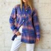 Trend Alaçatı Stili Women's Aviator Blue Plaid Patterned Cashmere Cotton Oversize Safari Jacket Shirt