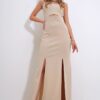 Trend Alaçatı Stili Women's Beige Adjustable Strap Out Cut Slit Graduation Dress
