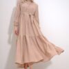 Trend Alaçatı Stili Women's Beige Buttoned Front Skirt Flounced Flamed Linen Maxiboy Dress