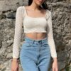 Trend Alaçatı Stili Women's Beige Crop Knitwear Blouse with Openwork Lace-Up Detail at the Back