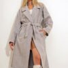 Trend Alaçatı Stili Women's Beige Double Breasted Coat with Waist and Belted Herringbone Pattern Cachet