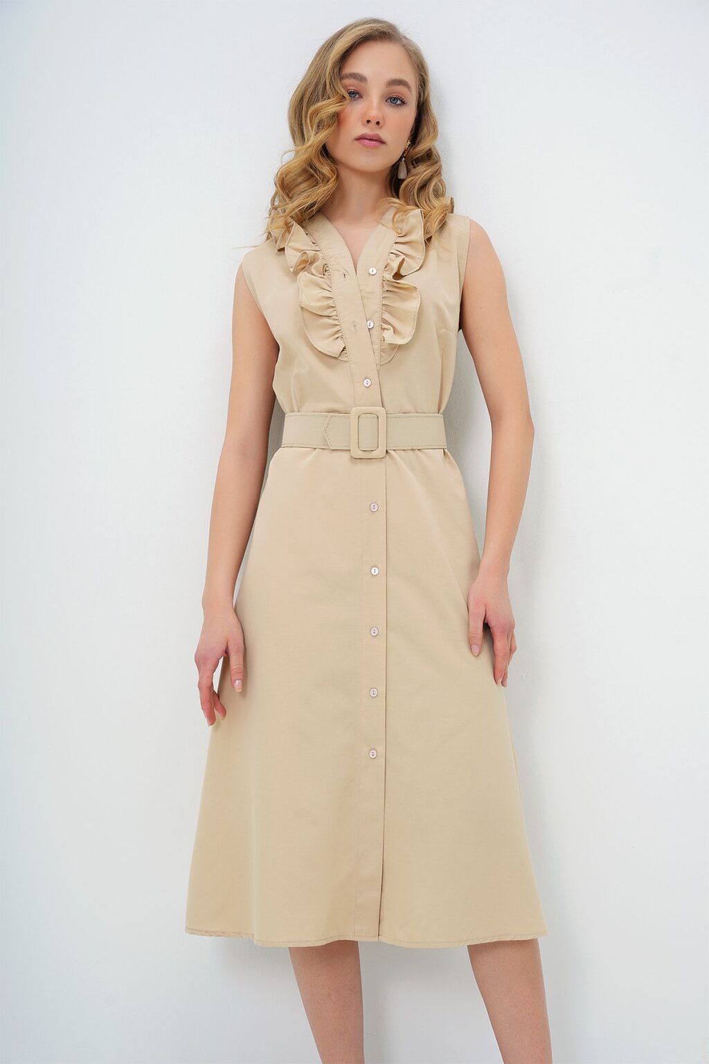 Trend Alaçatı Stili Women's Beige Frilly Front Belted Poplin Woven Dress