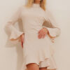 Trend Alaçatı Stili Women's Beige High Collar Skirt and Balloon Sleeves Scuba Dress