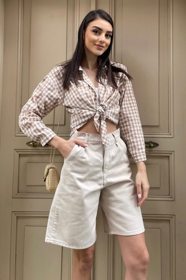 Trend Alaçatı Stili Women's Beige High Waist Wide Leg Bermuda Denim Shorts