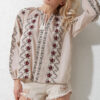 Trend Alaçatı Stili Women's Beige Slit Collar Full Embroidered Woven Blouse