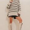 Trend Alaçatı Stili Women's Beige Striped Turtleneck Side Slit Oversize Sweater