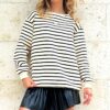 Trend Alaçatı Stili Women's Black Crew Neck Striped 3 Thread Ribbed Sweatshirt