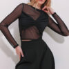 Trend Alaçatı Stili Women's Black Crew Neck Tulle Detailed Front Draped Blouse