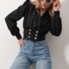 Trend Alaçatı Stili Women's Black Double Breasted Collar Princess Cuff Button Detailed Crop Blouse
