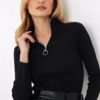 Trend Alaçatı Stili Women's Black Front Zippered Ribbed Half Fisherman Blouse