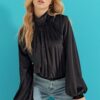 Trend Alaçatı Stili Women's Black High Neck Gathered Front Velvet Blouse