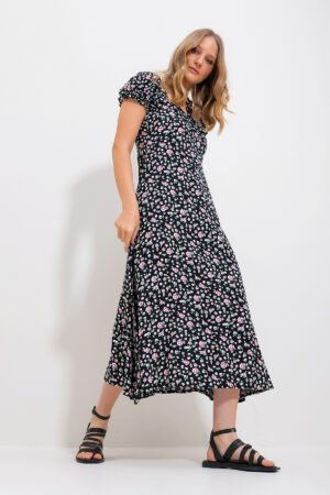 Trend Alaçatı Stili Women's Black Square Neck Floral Pattern Woven Dress