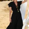 Trend Alaçatı Stili Women's Black Striped Double Breasted Neck Maxi Oversized Crinkle Dress