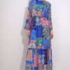 Trend Alaçatı Stili Women's Blue High Neck Waist Belted Skirt Flounce Patterned Woven Viscose Dress