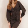 Trend Alaçatı Stili Women's Brown Double Breasted Batwing Sleeve Waist Belted Camisole Dress