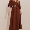 Trend Alaçatı Stili Women's Brown Double Breasted Collar Waist Belted Midi Dress