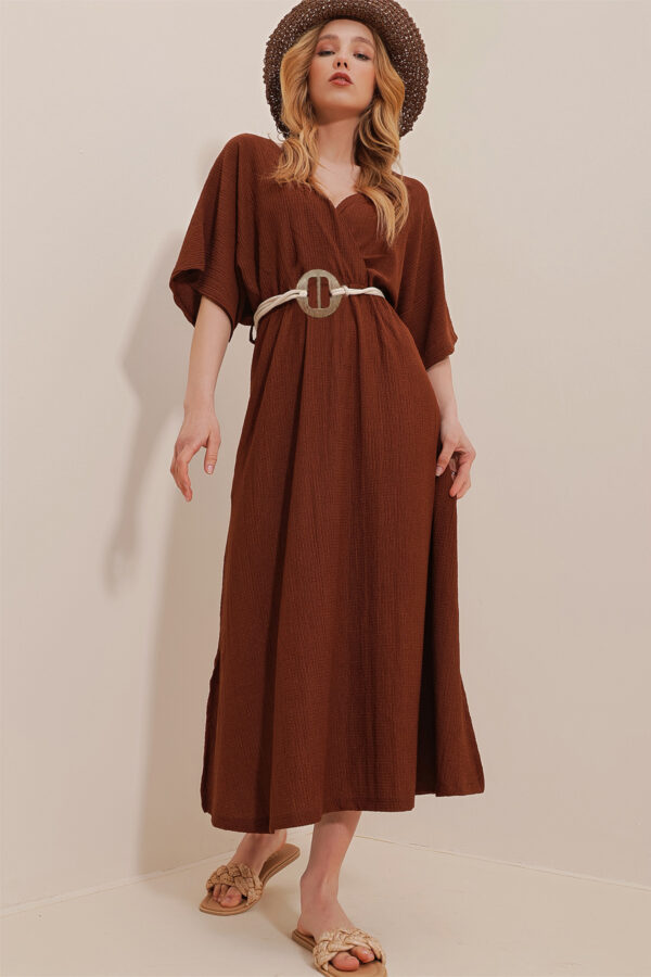 Trend Alaçatı Stili Women's Brown Double Breasted Collar Waist Belted Midi Dress