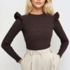 Trend Alaçatı Stili Women's Brown Half Turtleneck Sweater with Ruffle Shoulders