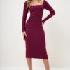 Trend Alaçatı Stili Women's Burgundy Square Neck Long Sleeve Midi Length Interlock Fabric Dress