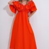 Trend Alaçatı Stili Women's Coral Collar Gimped and Flounced Waist Belted Midi-Weaving Dress