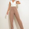 Trend Alaçatı Stili Women's Dark Beige High Waist Darted Flowy Crepe Knitted Trousers
