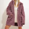 Trend Alaçatı Stili Women's Dusty Rose Double Pocket Front Button Oversize Plush Jacket
